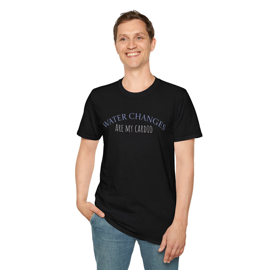 Black funny aquarium t-shirt with Water Changes Are My Cardio text worn by smiling man
