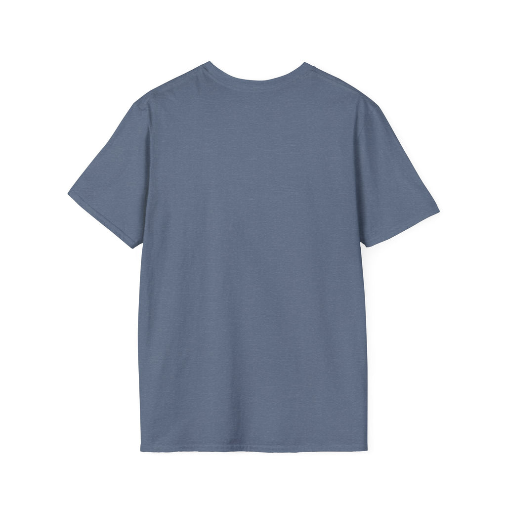Back view of a blue funny aquarium t-shirt with short sleeves and crew neck