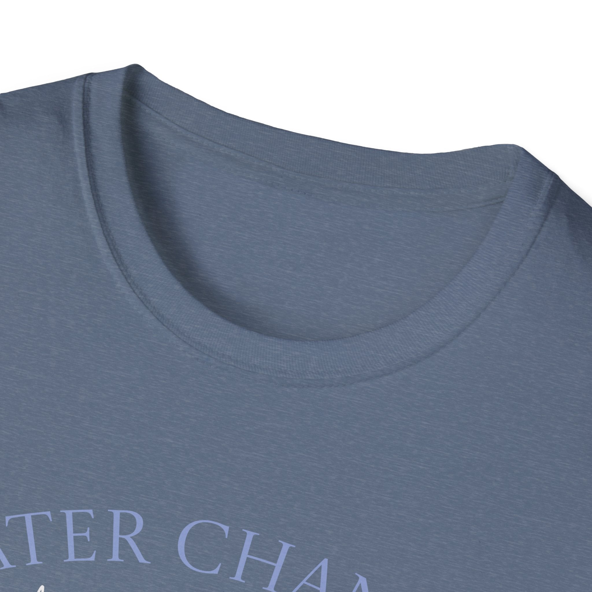 Close-up of a blue t-shirt with text on a white background