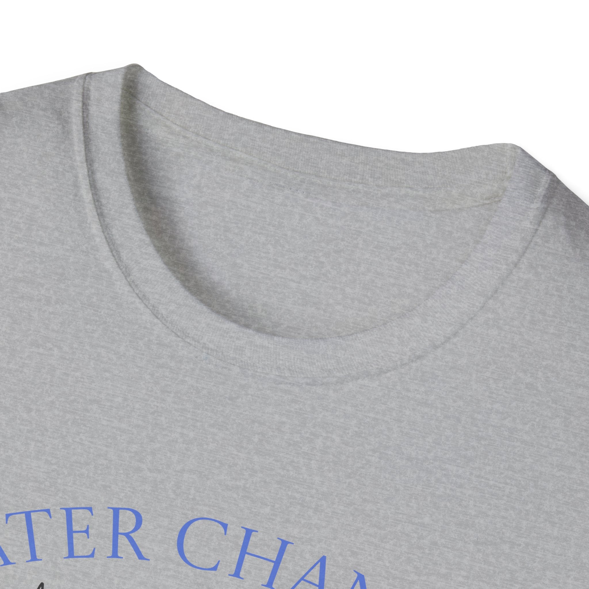 Close-up of gray funny aquarium t-shirt with blue text design and round neckline