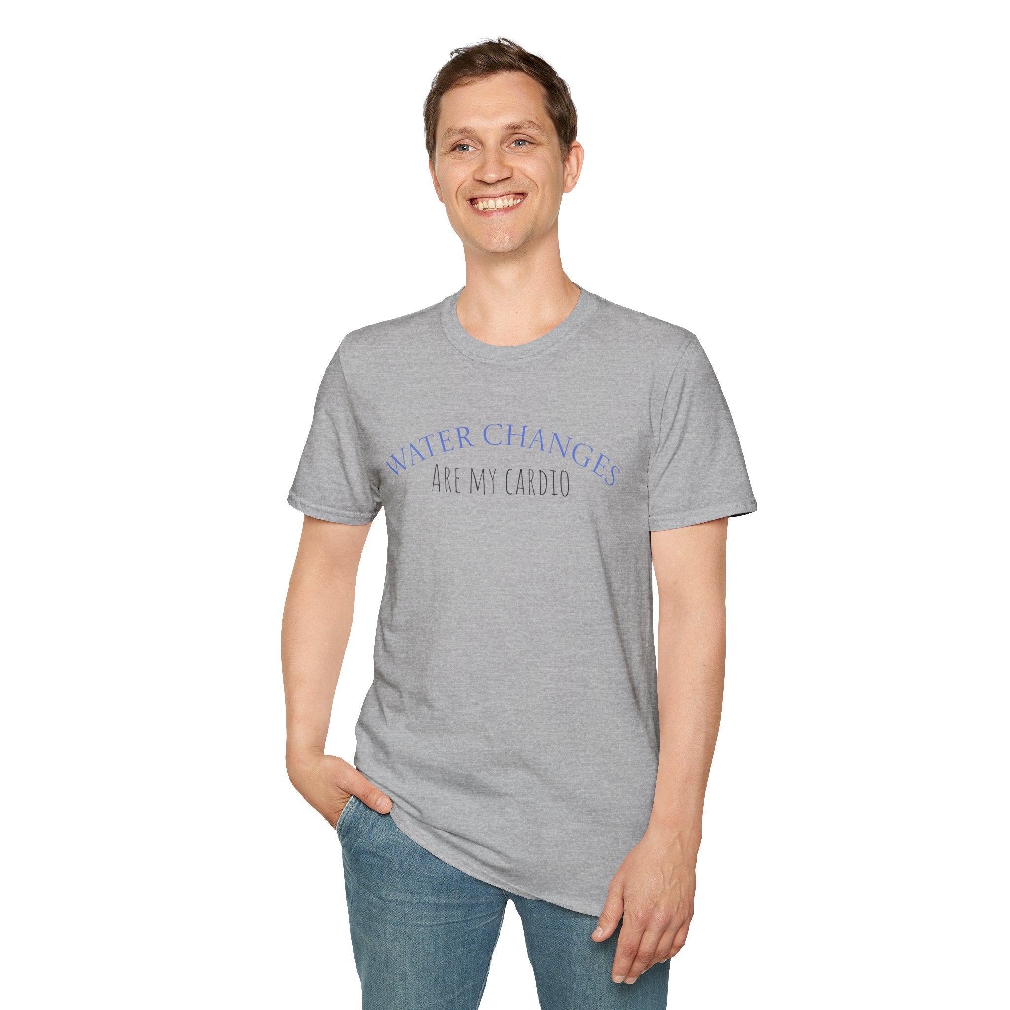 Gray funny aquarium t-shirt with Water Changes Are My Cardio text worn by smiling man