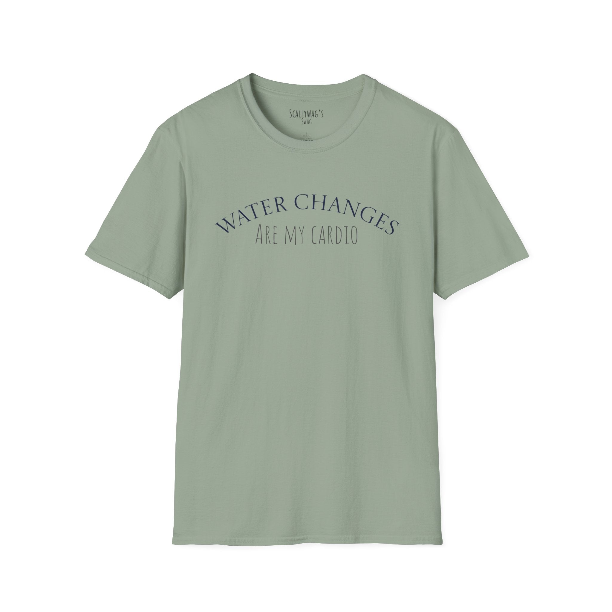 Funny aquarium t-shirt in light green with Water Changes Are My Cardio text