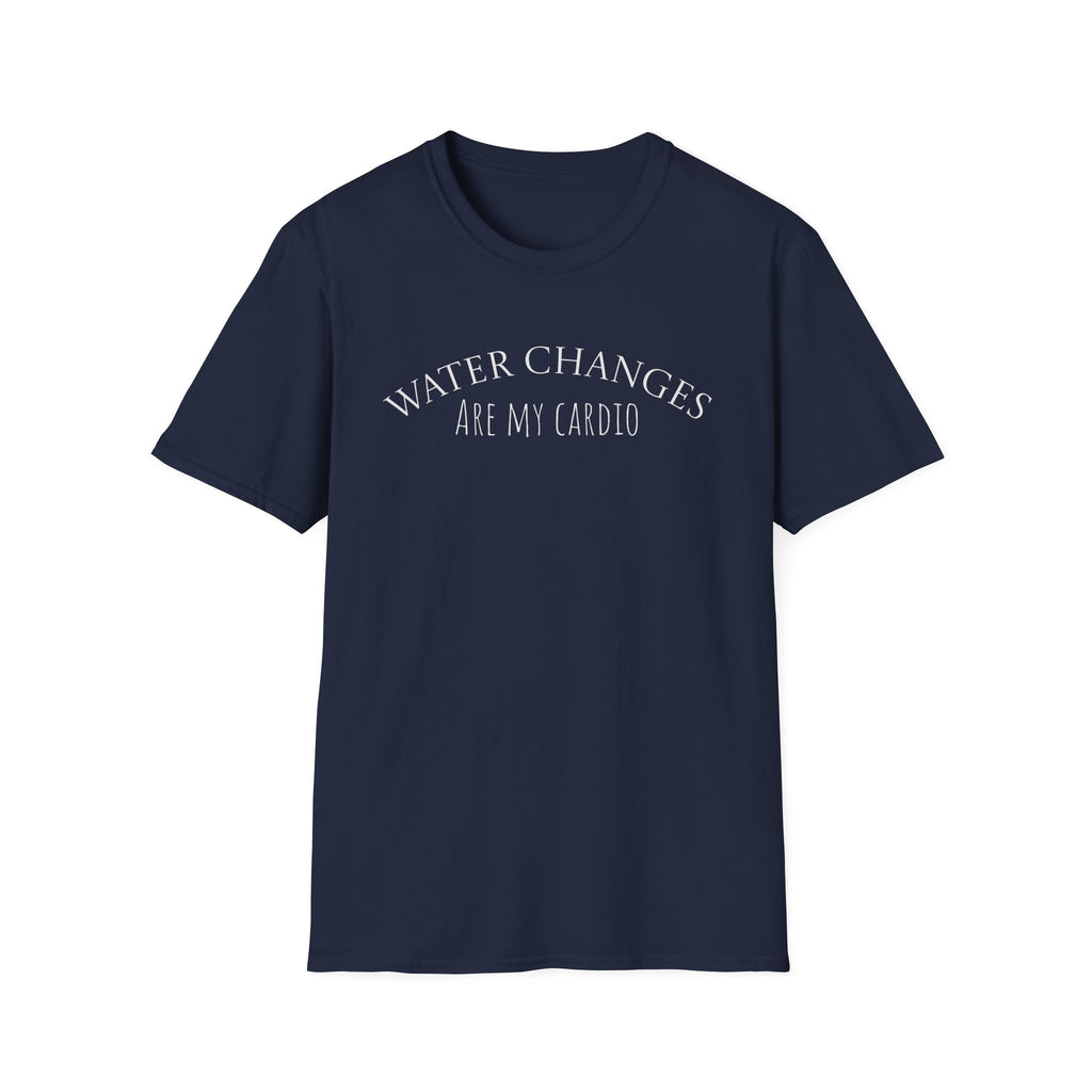 Navy funny aquarium t-shirt with Water Changes Are My Cardio text