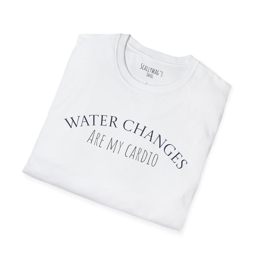 White funny aquarium t-shirt with Water Changes Are My Cardio text printed on front