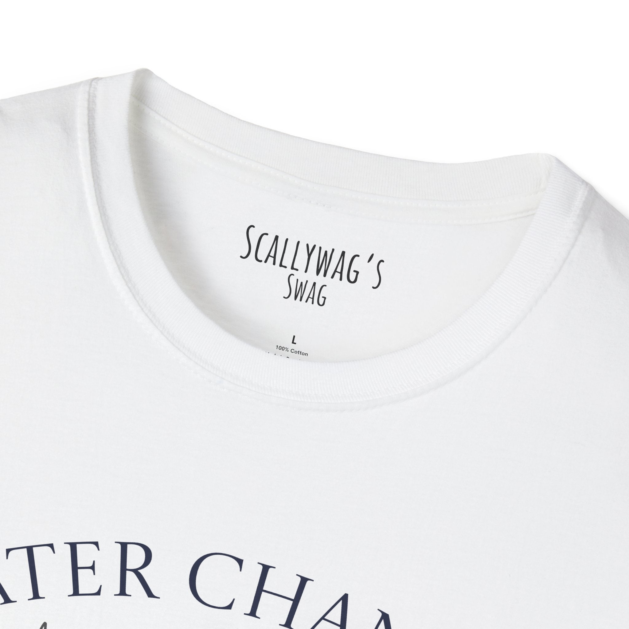 Close-up of white funny aquarium t-shirt collar and print with Scallywag's Swag label
