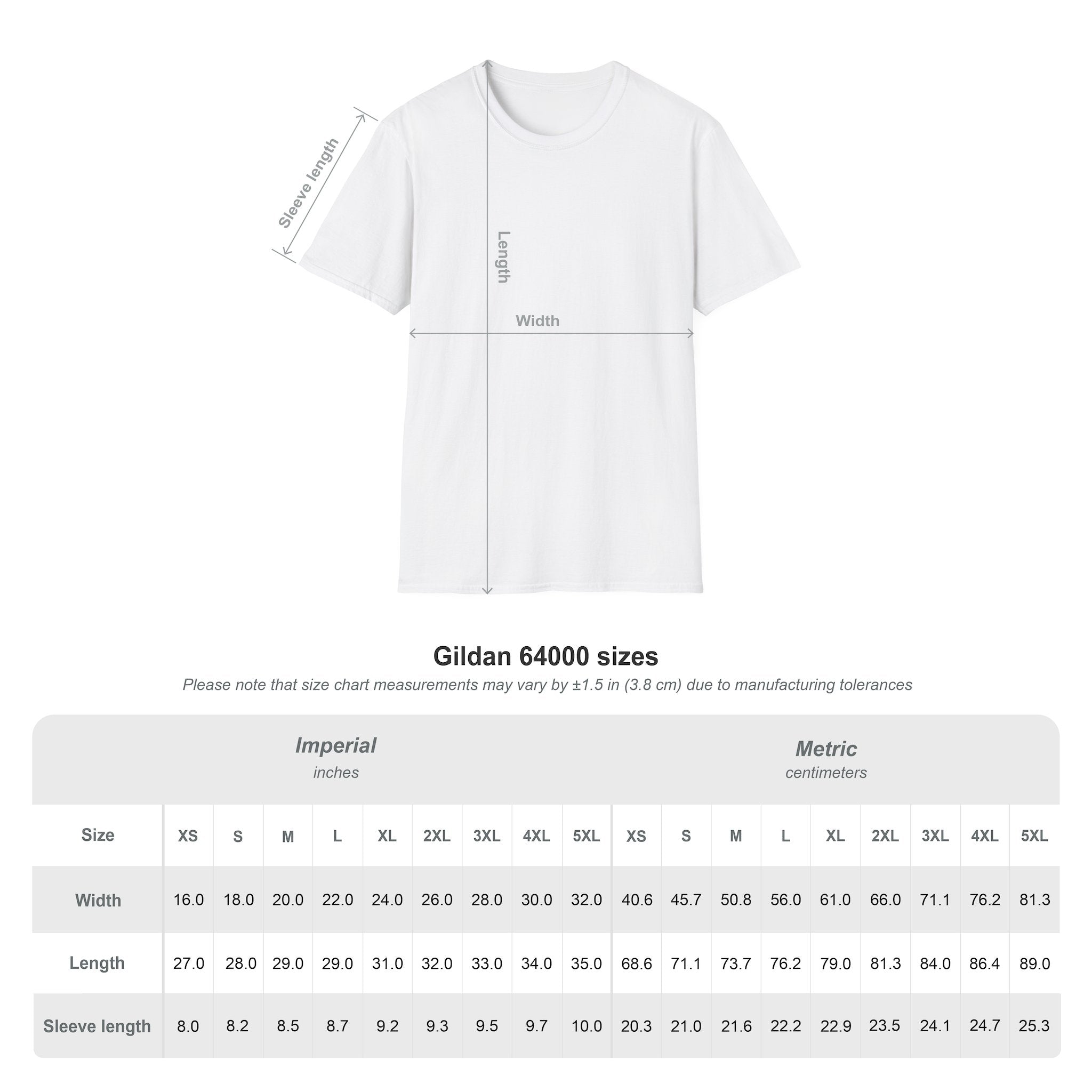 White Gildan 64000 t-shirt blank template with size measurements for funny aquarium t-shirt design