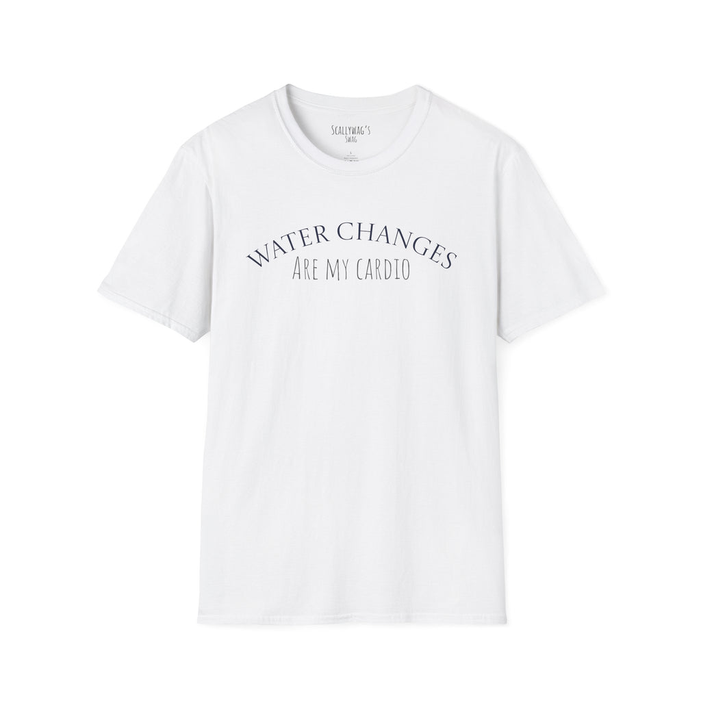White funny aquarium t-shirt with Water Changes Are My Cardio text printed on front by Printify