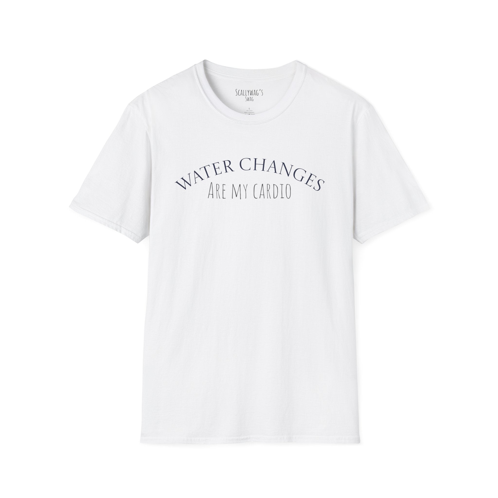 White funny aquarium t-shirt with Water Changes Are My Cardio text printed on front by Printify