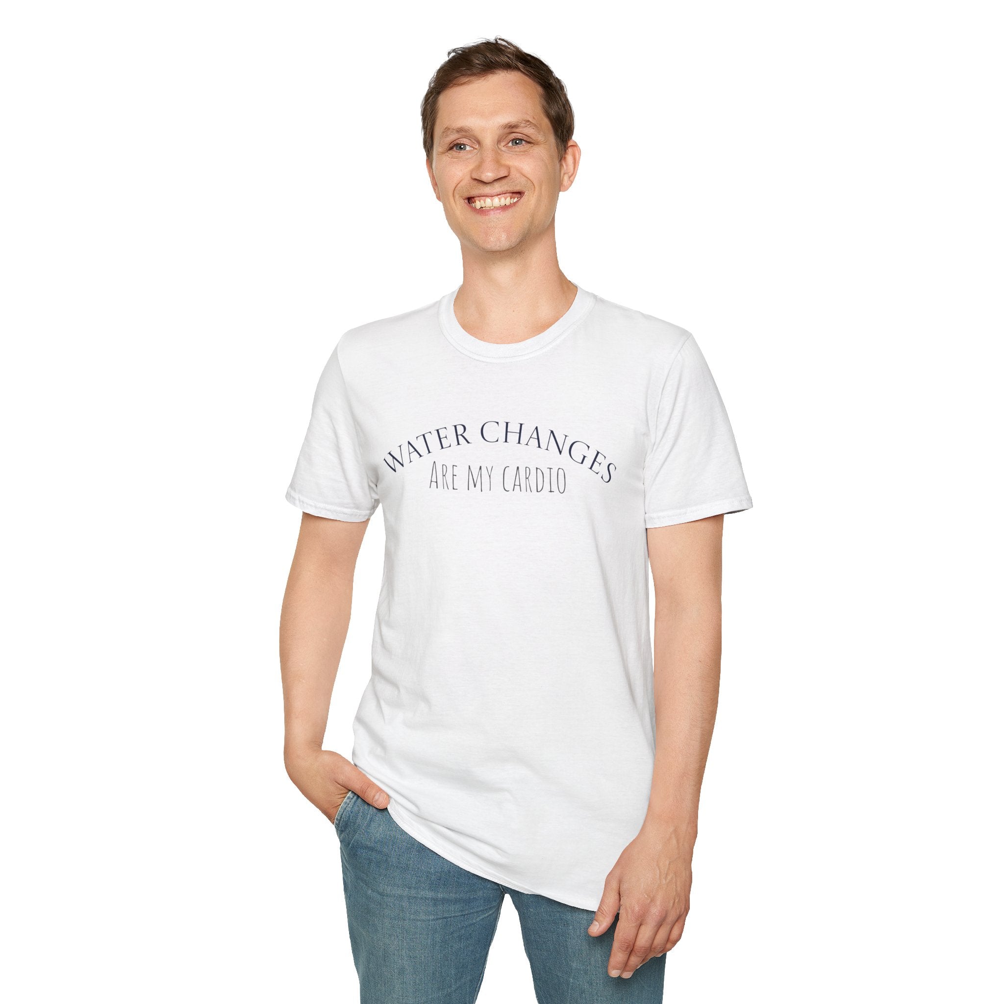 Man wearing a white funny aquarium t-shirt with water changes are my cardio text