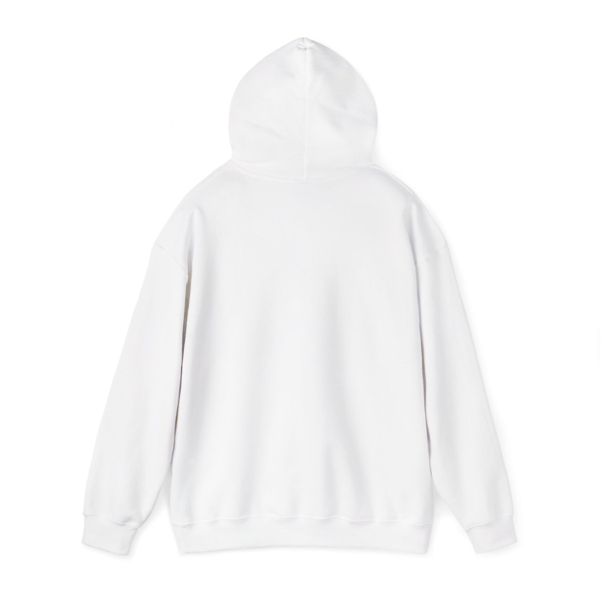 Back view of a plain white Oscar fish hoodie by Printify with a hood and long sleeves