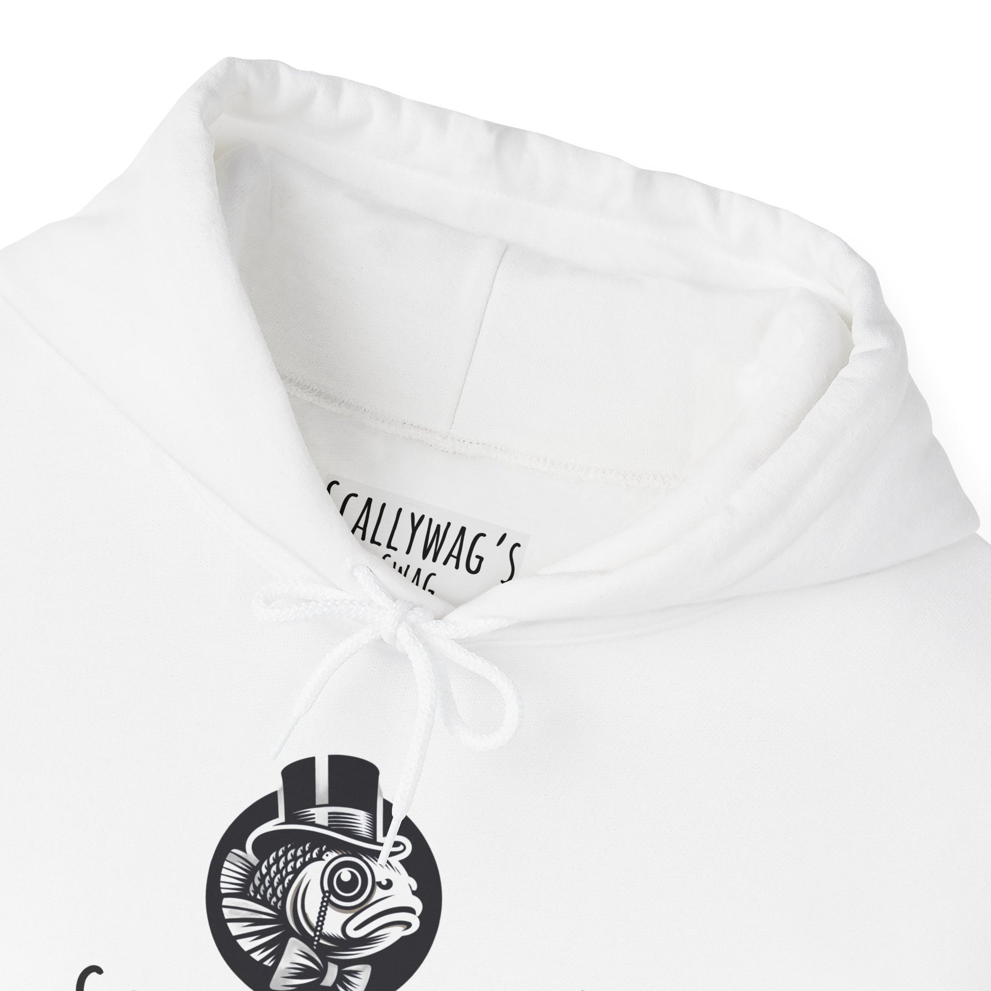 White Oscar fish hoodie from Printify featuring a black graphic of an Oscar fish wearing a top hat