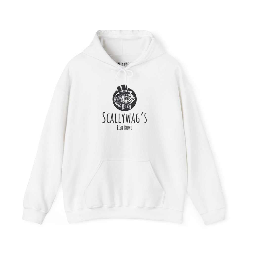 White Printify hoodie with black Scallywag's Fish Bowl logo featuring Oscar fish design Oscar fish hoodie