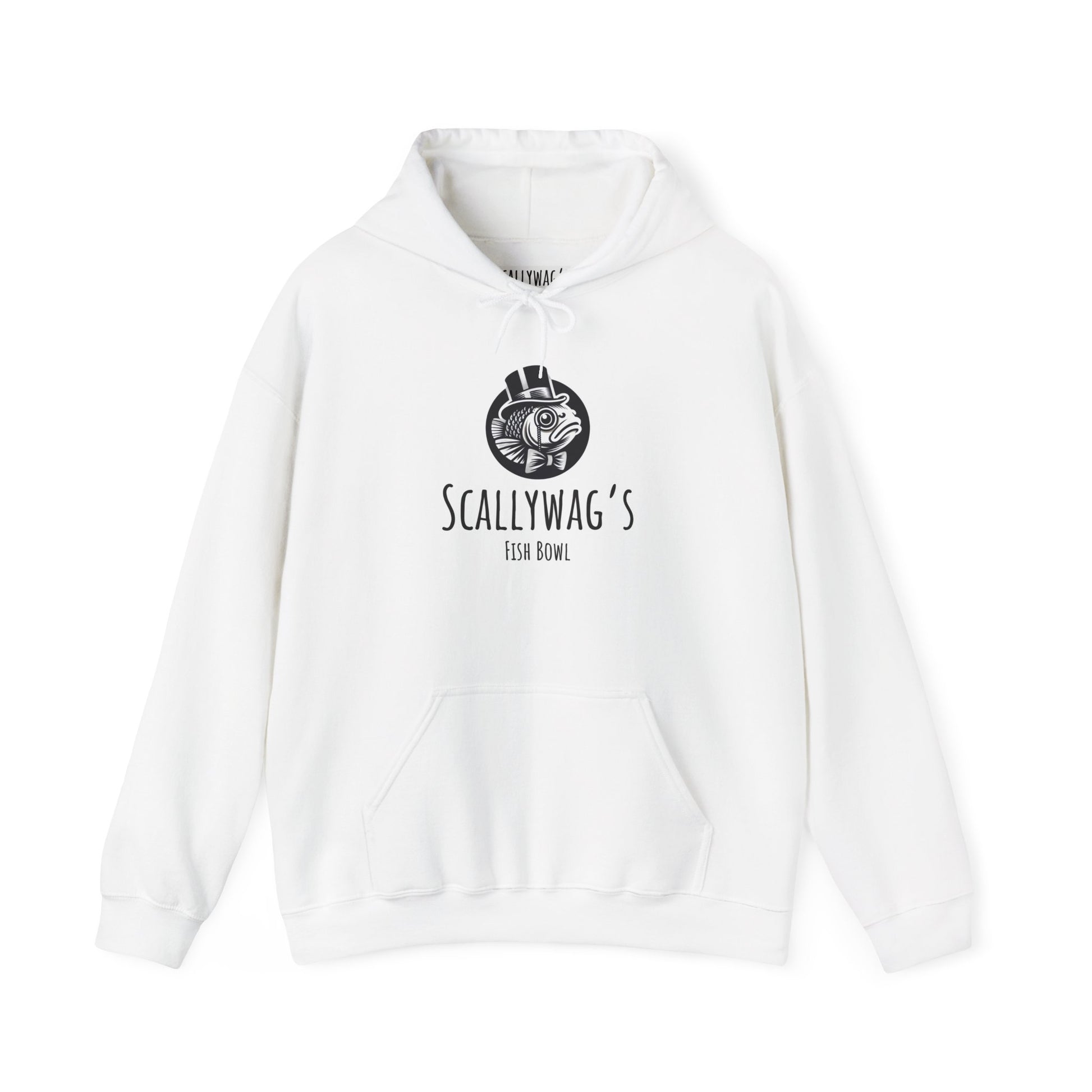 White Printify hoodie with black Scallywag's Fish Bowl logo featuring Oscar fish design Oscar fish hoodie