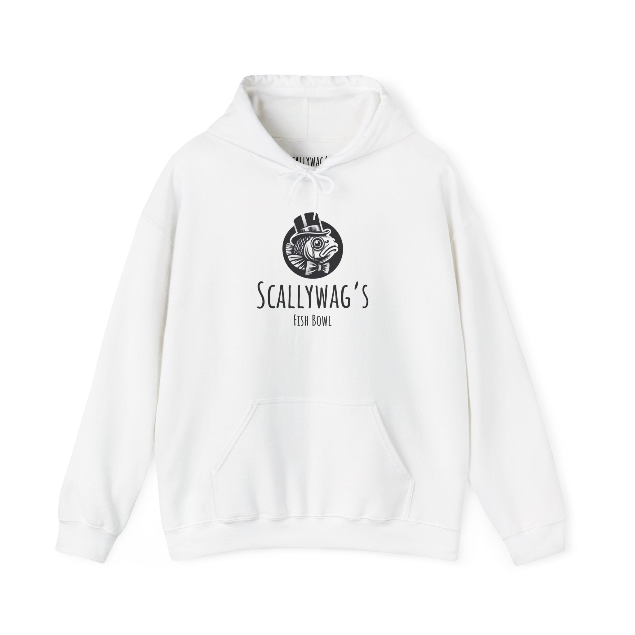 White Printify hoodie with black Scallywag's Fish Bowl logo featuring Oscar fish design Oscar fish hoodie