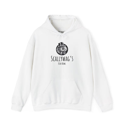 White Printify hoodie with black Scallywag's Fish Bowl logo featuring Oscar fish design Oscar fish hoodie