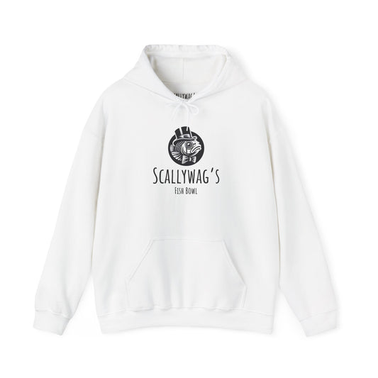 White Printify hoodie with black Scallywag's Fish Bowl logo featuring Oscar fish design Oscar fish hoodie