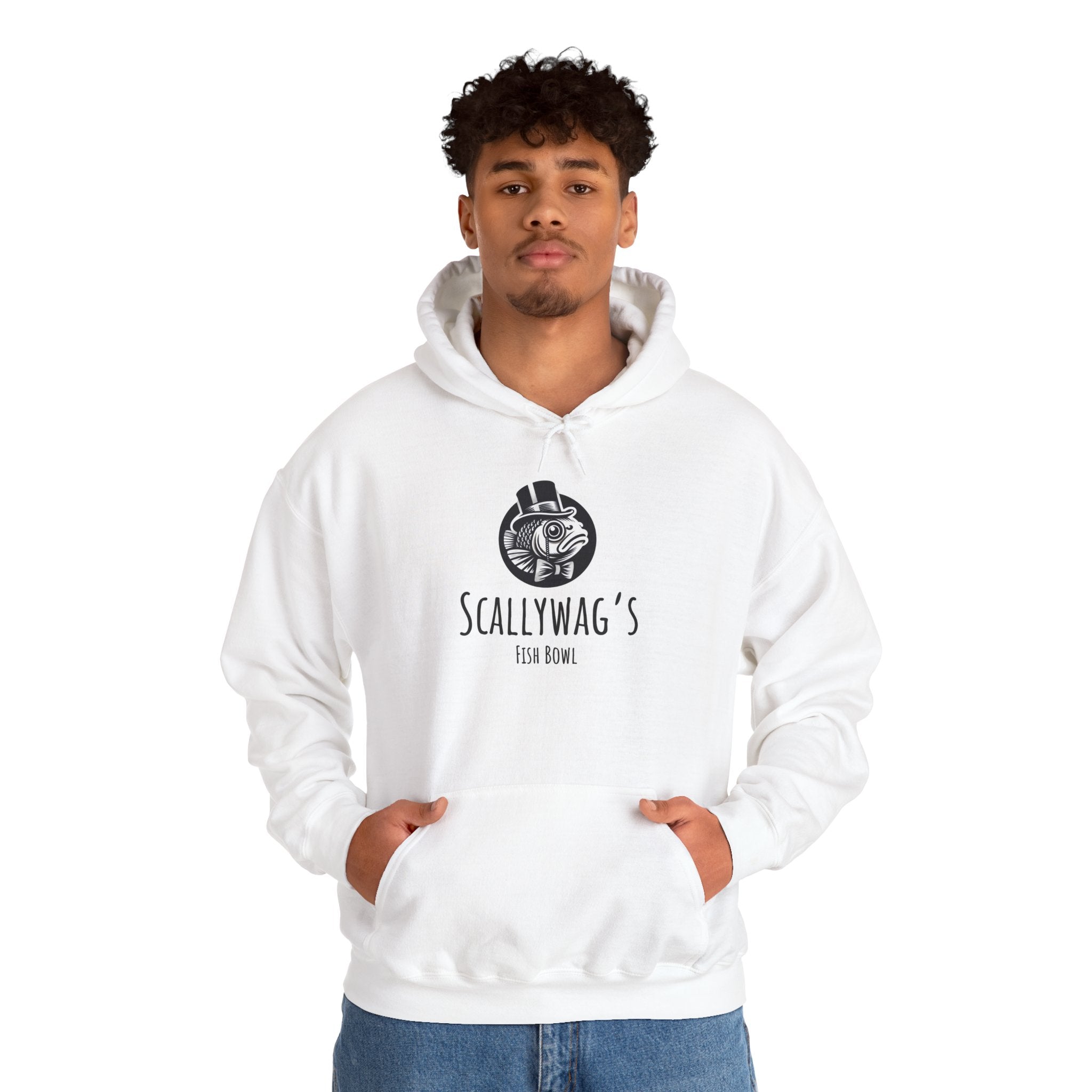 White Oscar fish hoodie from Printify with Scallywag's Fish Bowl logo worn by a man