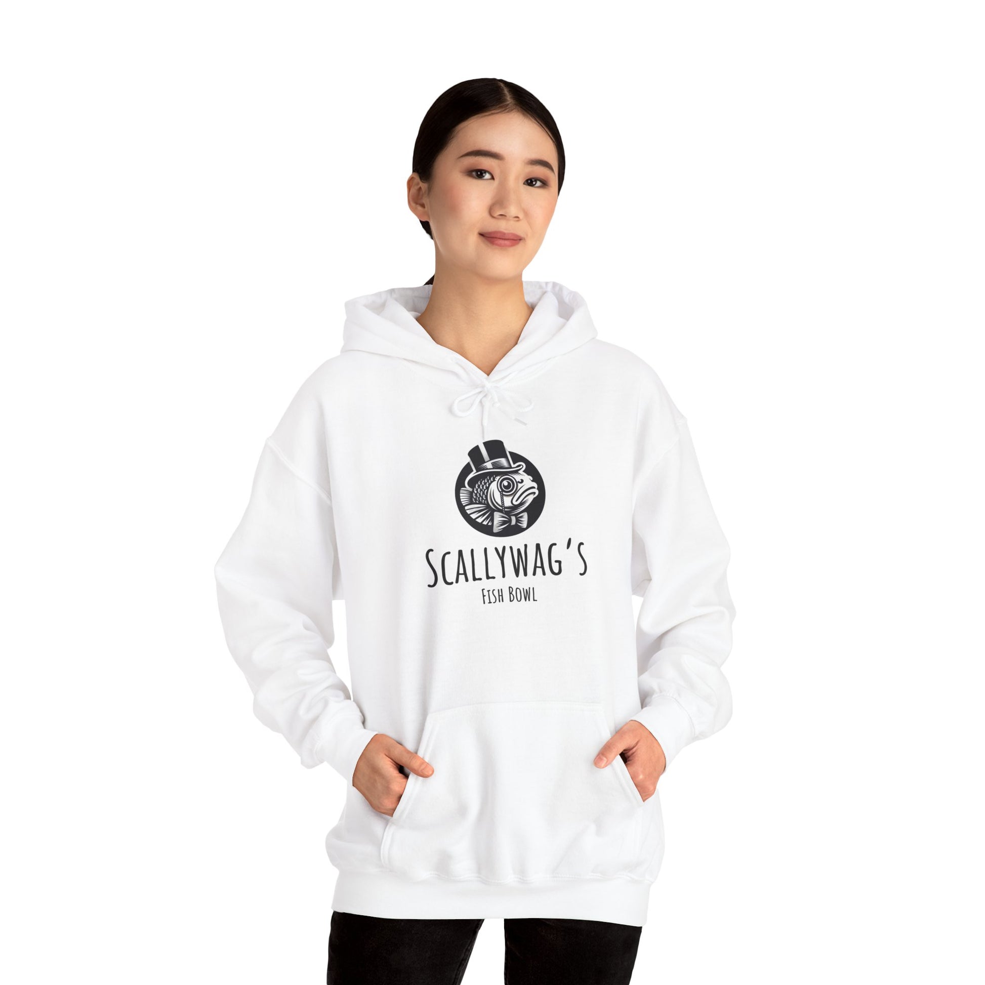 White Printify Oscar fish hoodie with Scallywag's fish bowl logo worn by woman