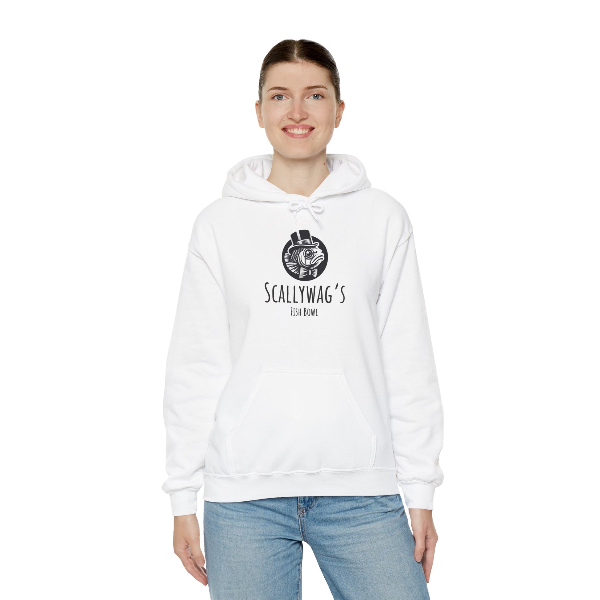White Oscar fish hoodie by Printify featuring Scallywag's Fish Bowl logo worn by smiling woman