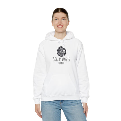 White Oscar fish hoodie by Printify featuring Scallywag's Fish Bowl logo worn by smiling woman