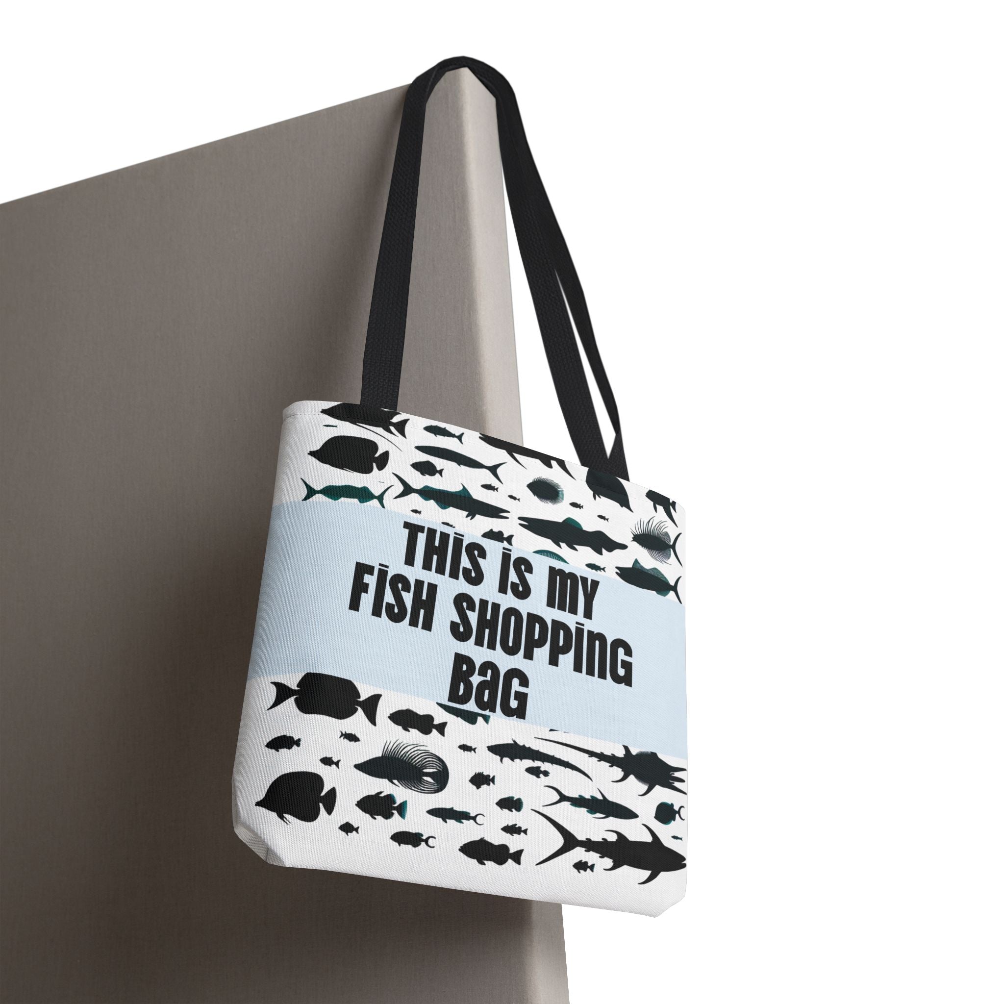 Tote bag with fish designs and text 'This is my fish shopping bag' on a white background