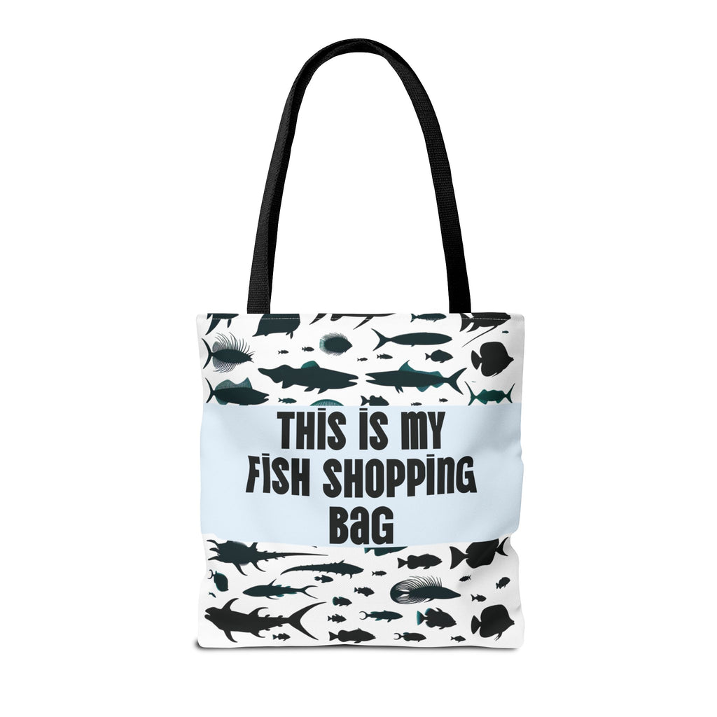 Tote bag with fish design and text 'This is my fish shopping bag' on a white background