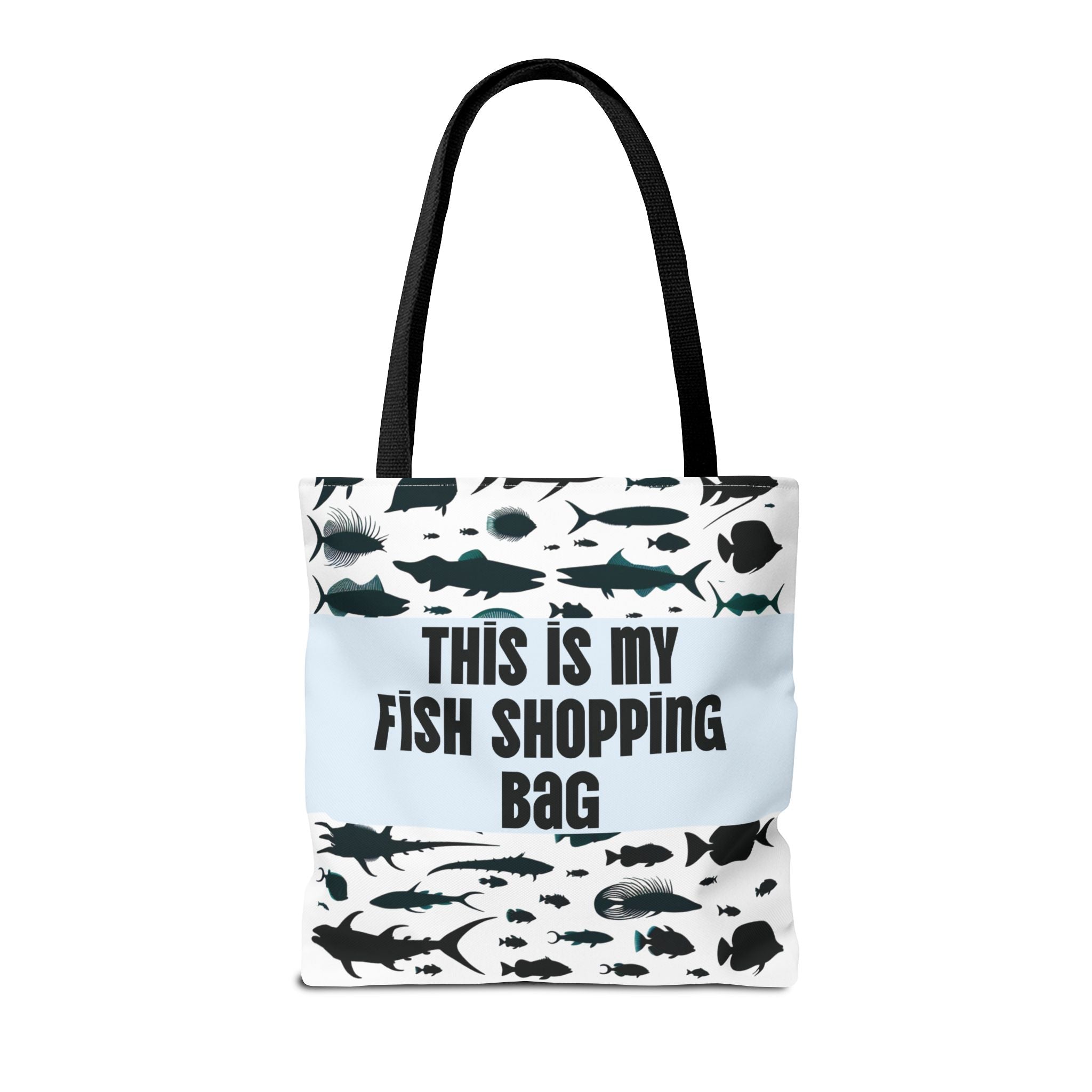 Tote bag with fish design and text 'This is my fish shopping bag' on a white background