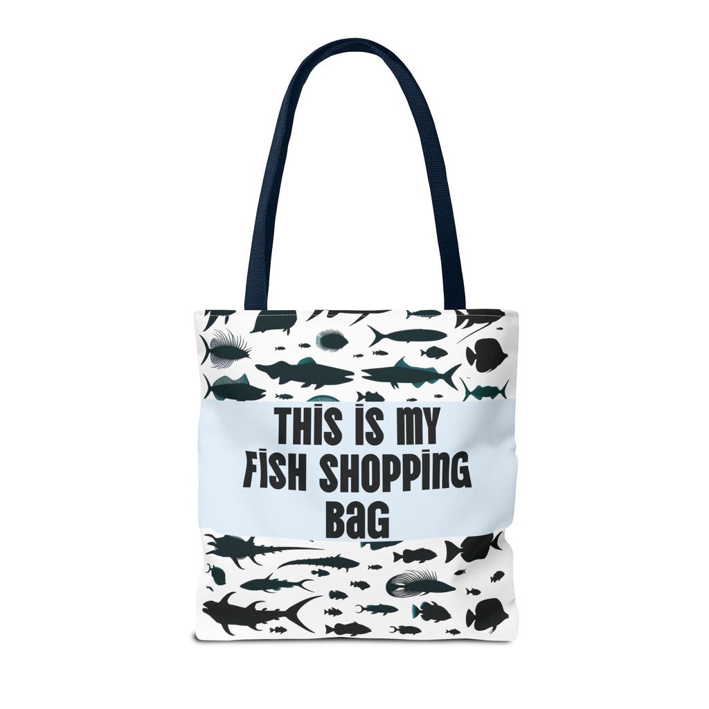 Tote bag with fish pattern and text 'This is my fish shopping bag' on a white background