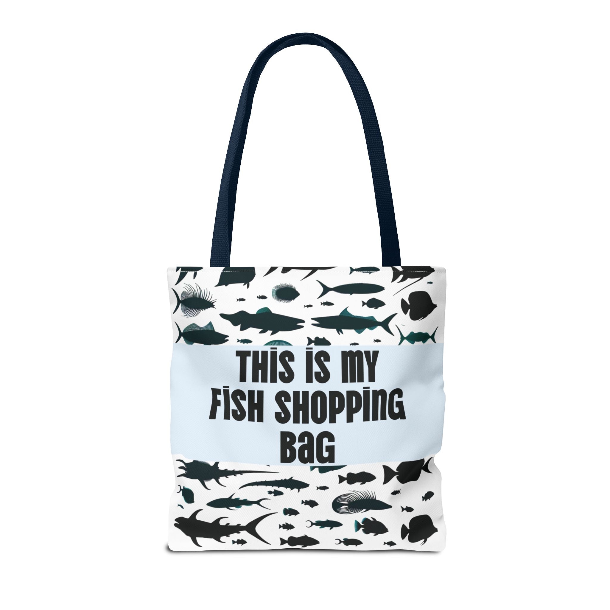 Tote bag with fish pattern and text 'This is my fish shopping bag' on a white background