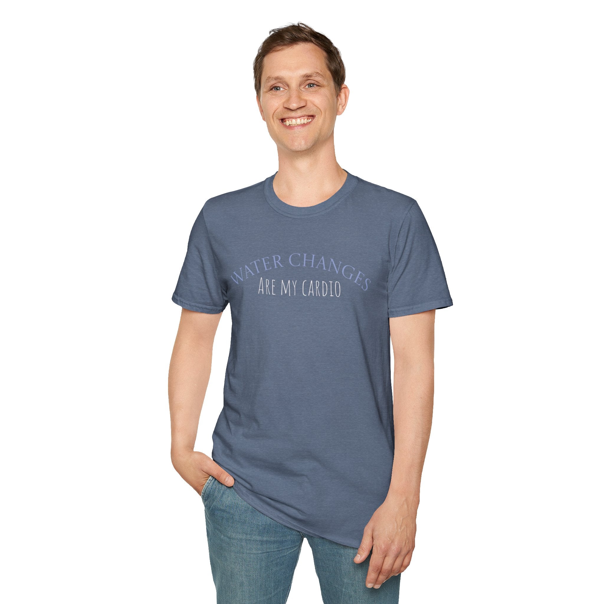 Man wearing a blue t-shirt with text on a white background