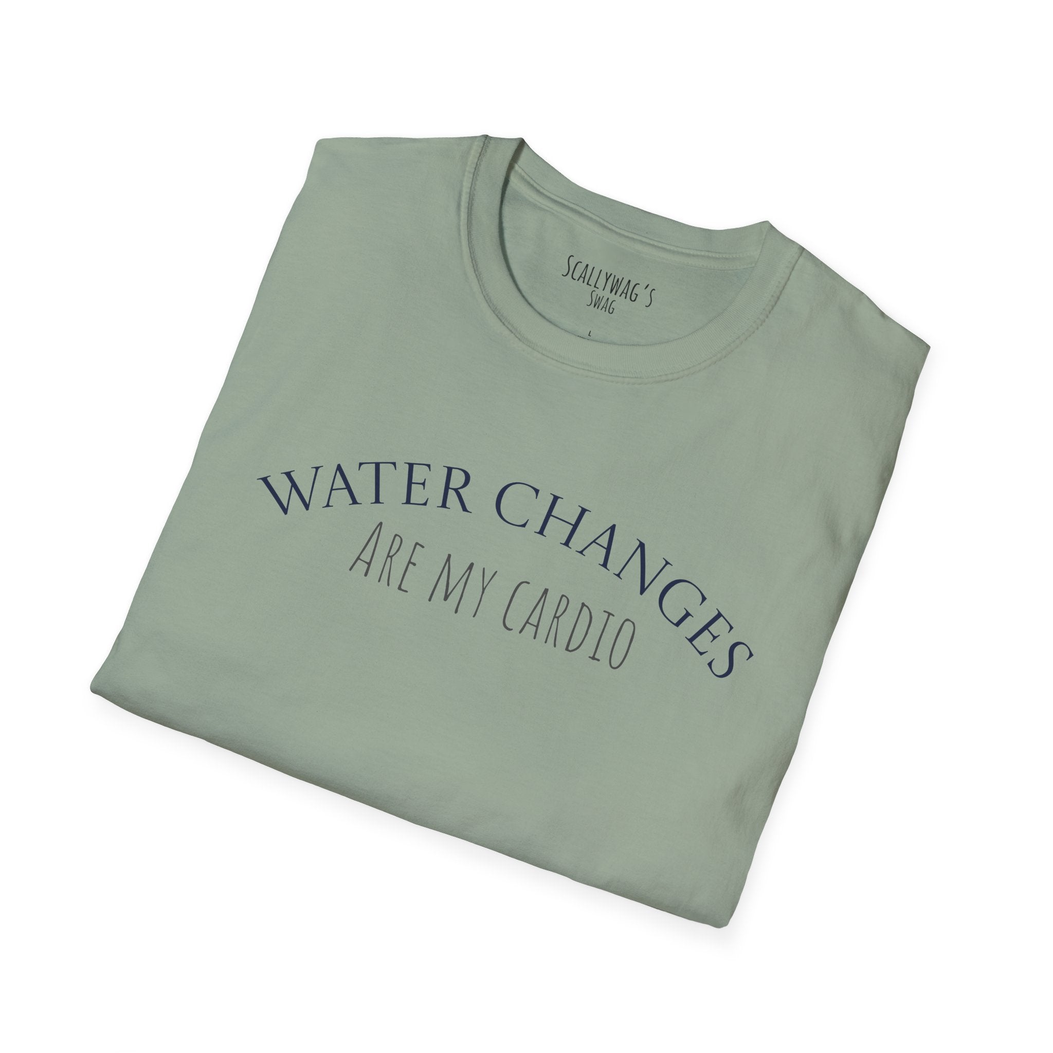 Folded green t-shirt with “Water Changes Are My Cardio” text on chest, white background