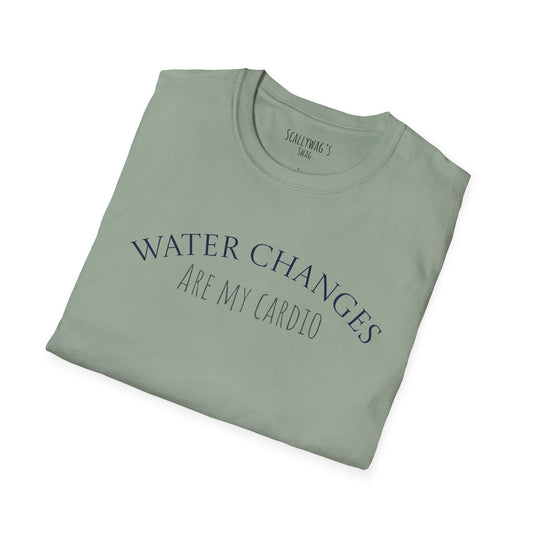 Folded green t-shirt with “Water Changes Are My Cardio” text on chest, white background