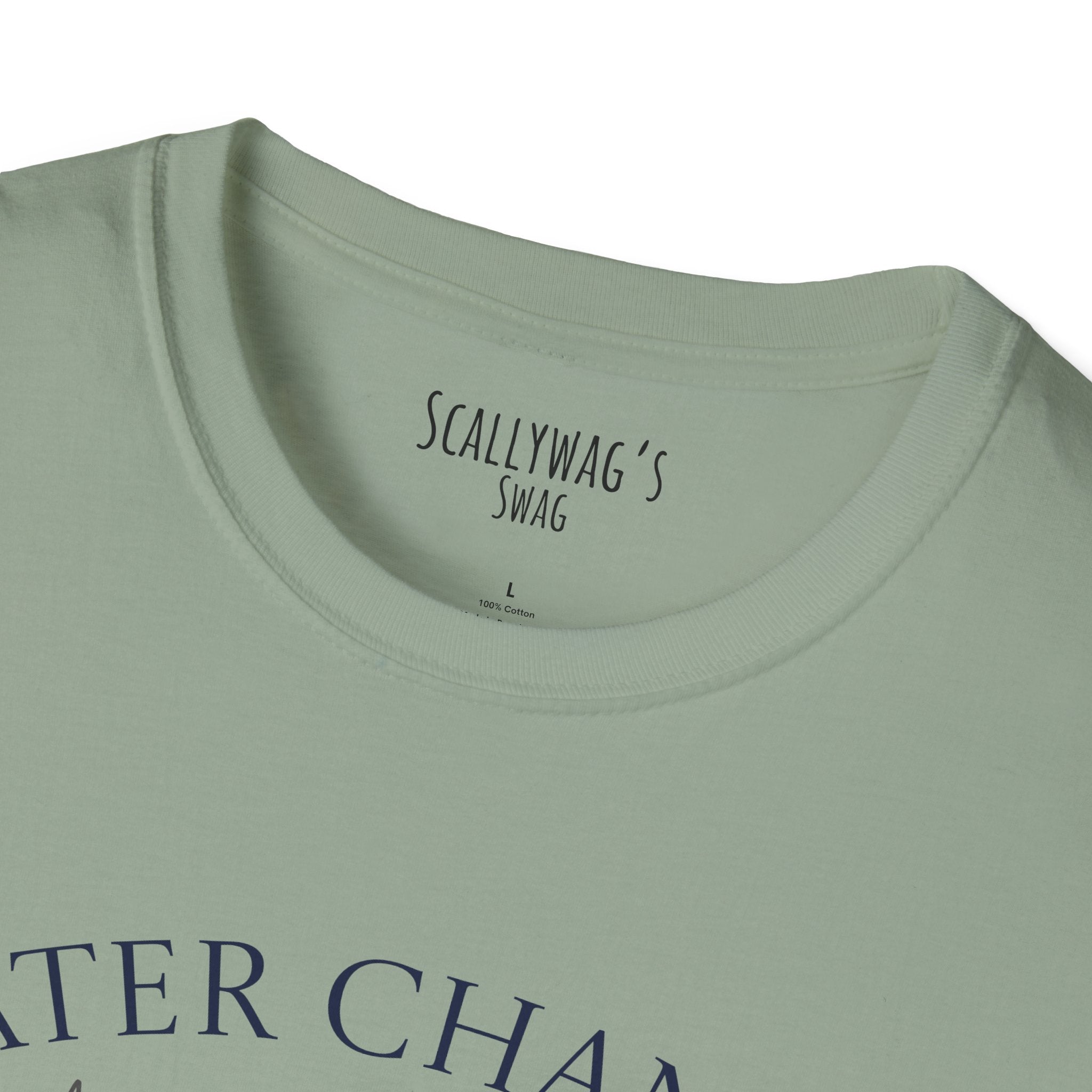 Close-up of neck label inside green Scallywag’s t-shirt, white backgroun