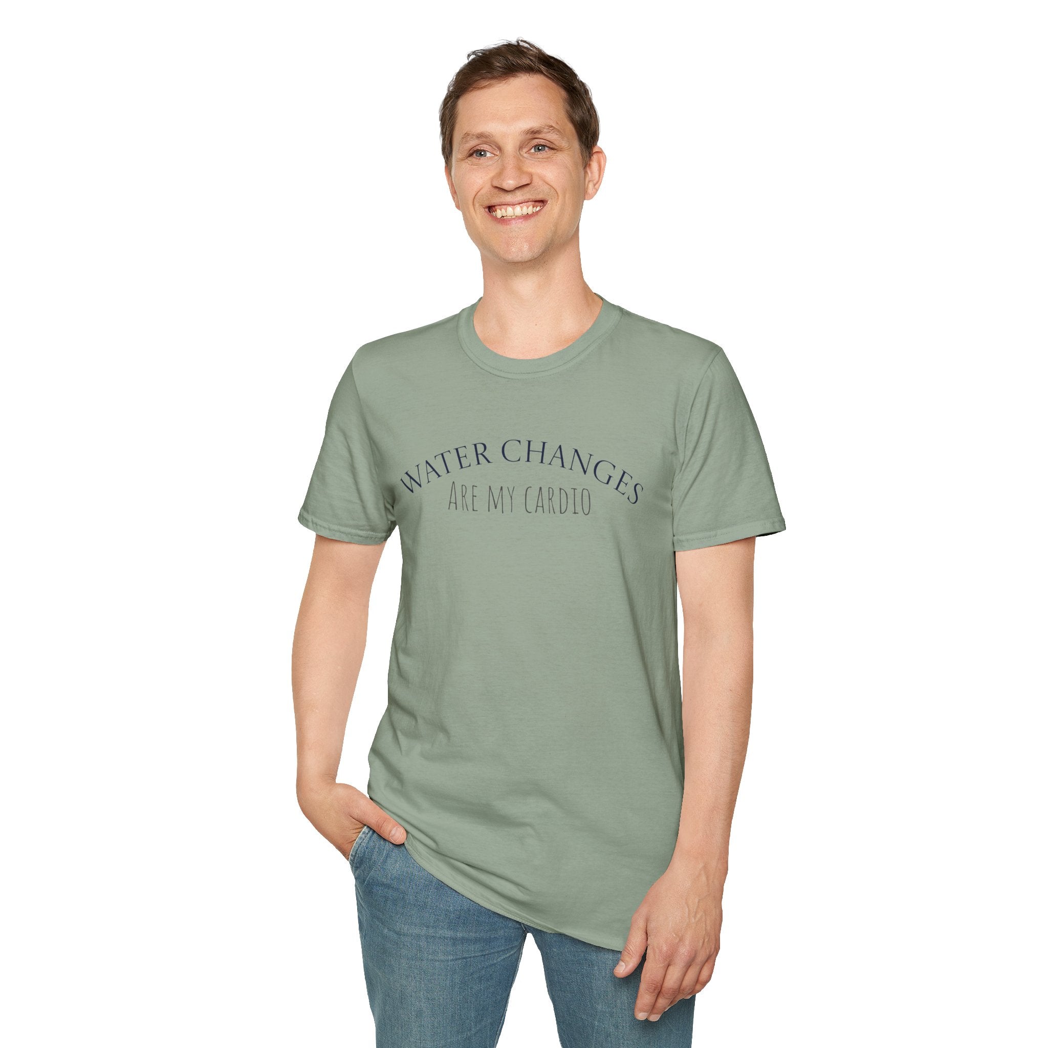 Person standing in green water change t-shirt, front view, white background