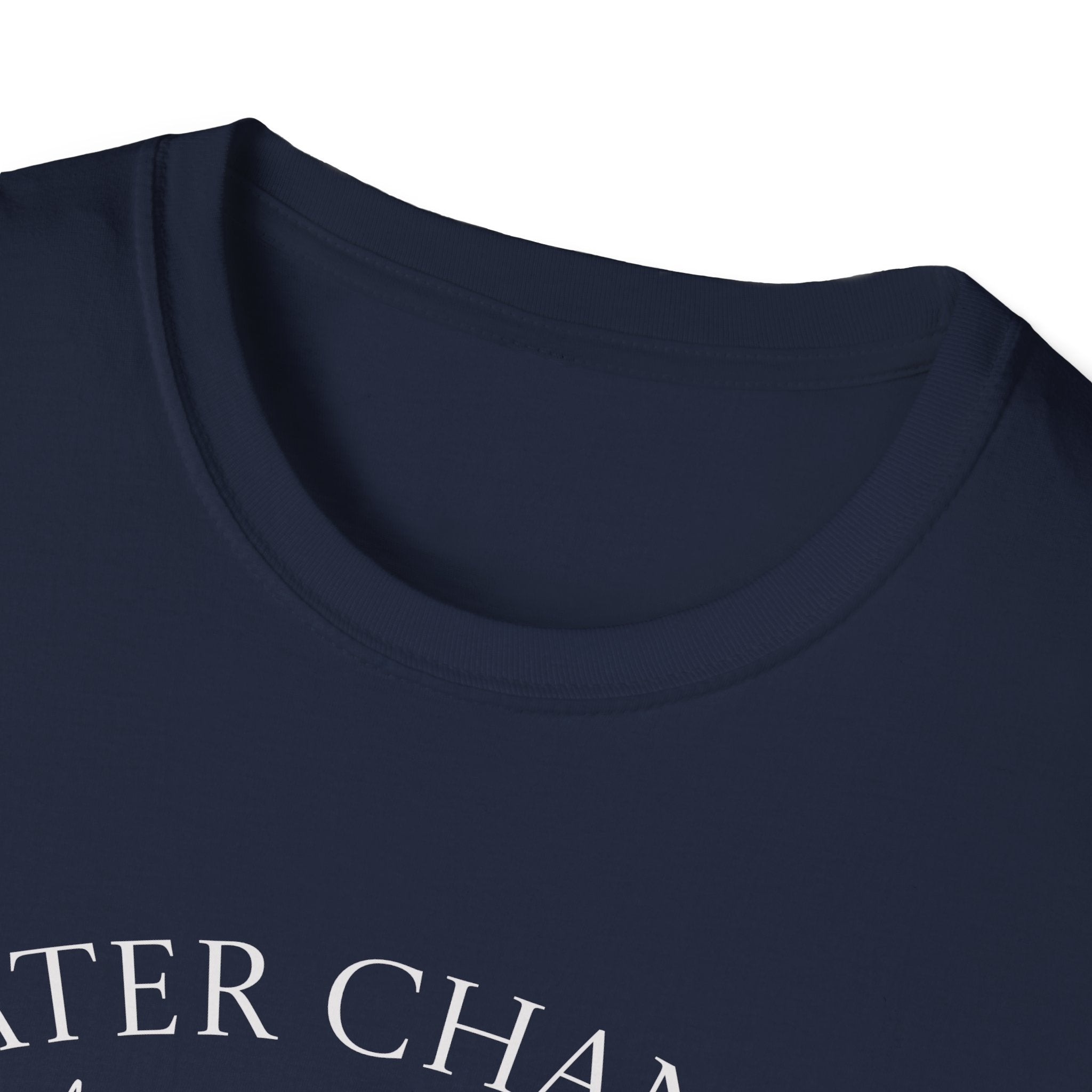 Navy blue t-shirt with white text on a white background