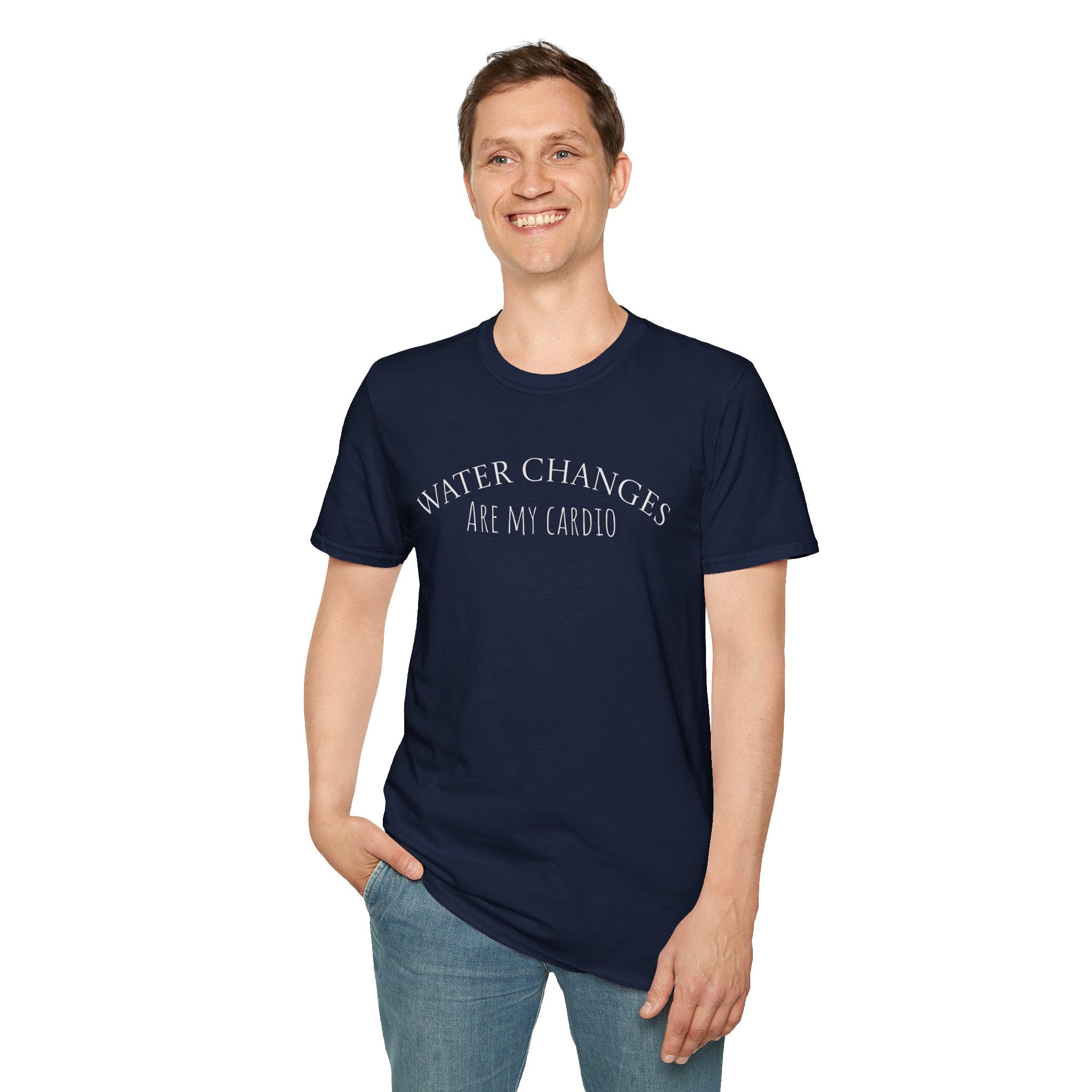 Person standing in navy water change t-shirt, white background