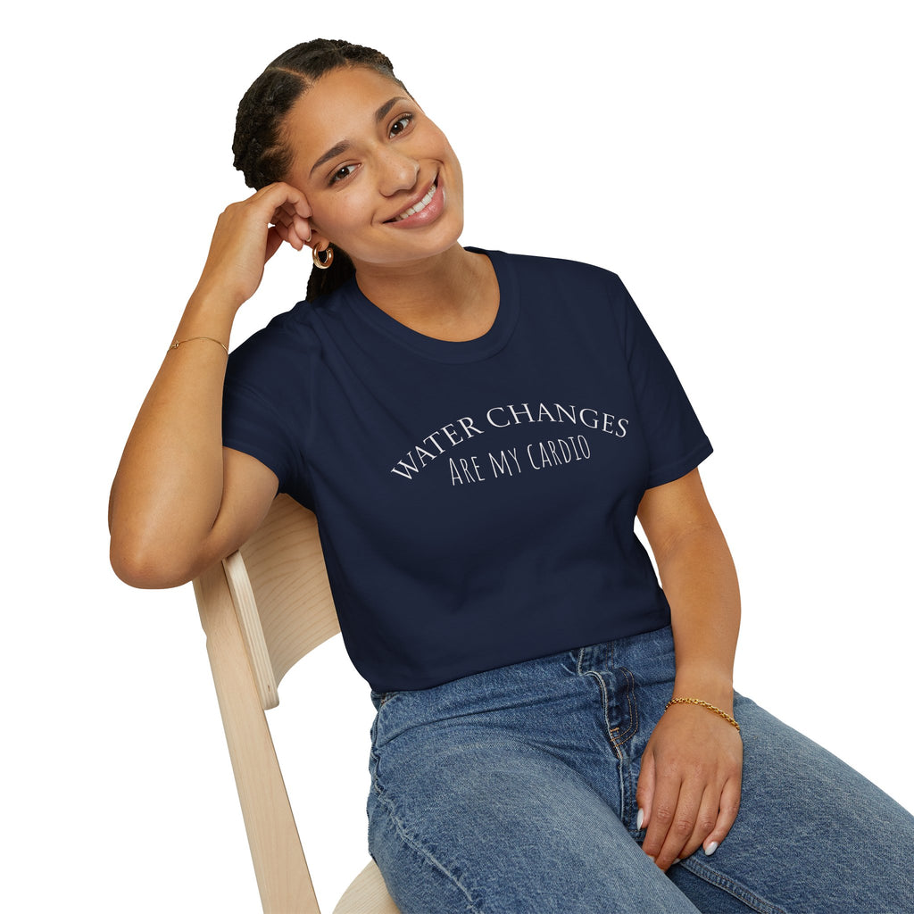 Woman wearing a navy blue t-shirt with 'WATER CHANGES ARE MY CARDIO' text, sitting on a white background.