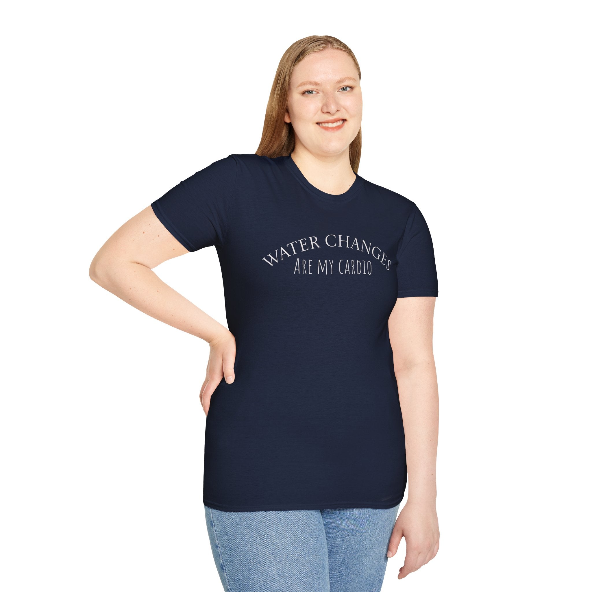 Person wearing a navy blue t-shirt with text on a white background